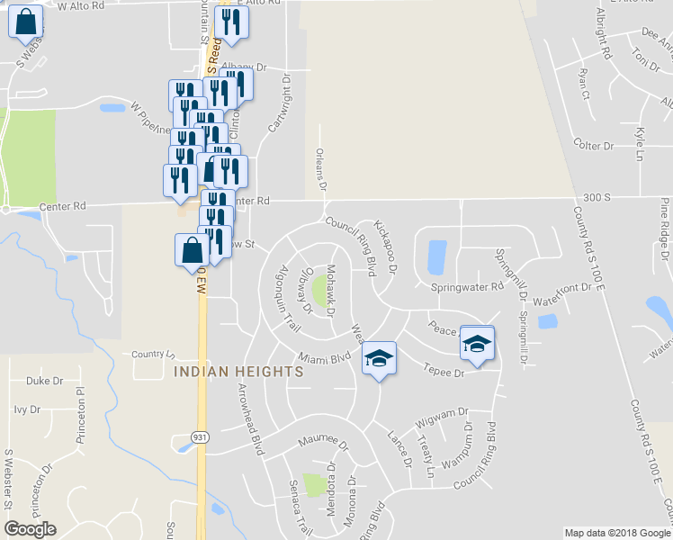 map of restaurants, bars, coffee shops, grocery stores, and more near 5101 Mohawk Drive in Kokomo