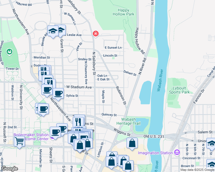 map of restaurants, bars, coffee shops, grocery stores, and more near 150 East Stadium Avenue in West Lafayette