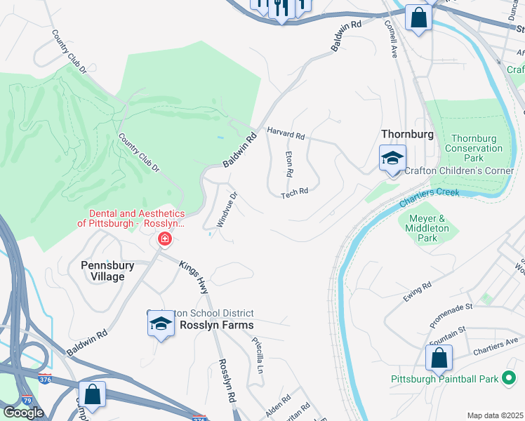 map of restaurants, bars, coffee shops, grocery stores, and more near 594 Thorncliffe Drive in Pittsburgh