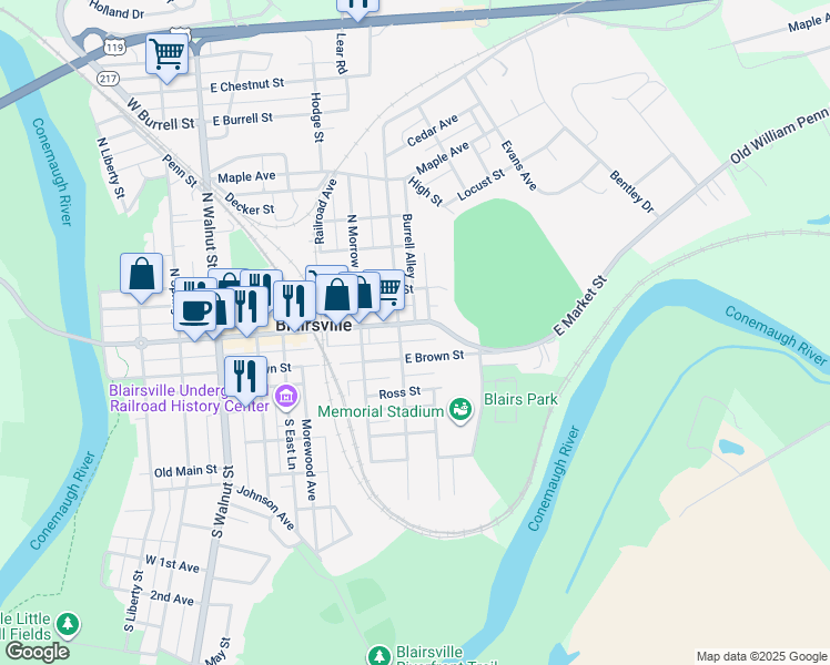 map of restaurants, bars, coffee shops, grocery stores, and more near 420 East Market Street in Blairsville
