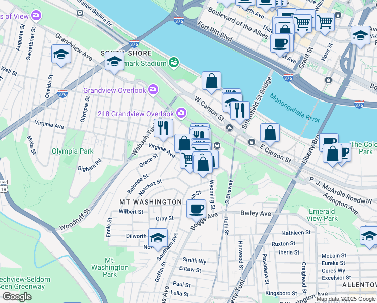 map of restaurants, bars, coffee shops, grocery stores, and more near 127 West Sycamore Street in Pittsburgh