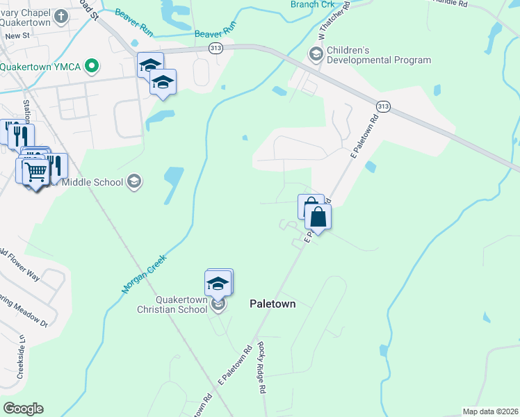 map of restaurants, bars, coffee shops, grocery stores, and more near 1231 Valley Drive in Quakertown