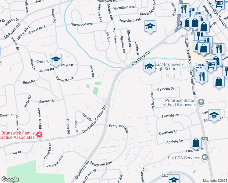 map of restaurants, bars, coffee shops, grocery stores, and more near 404 Cranbury Road in East Brunswick