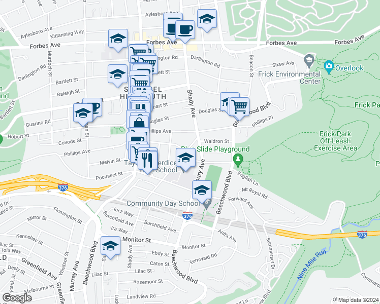 map of restaurants, bars, coffee shops, grocery stores, and more near 2283 Shady Avenue in Pittsburgh