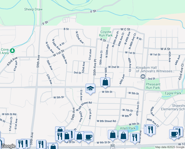 map of restaurants, bars, coffee shops, grocery stores, and more near 285 50th Avenue Place in Greeley
