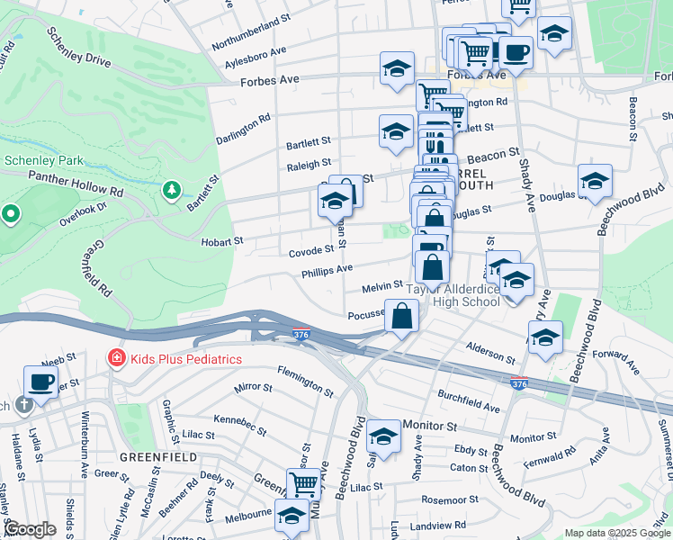 map of restaurants, bars, coffee shops, grocery stores, and more near 5552 Phillips Avenue in Pittsburgh