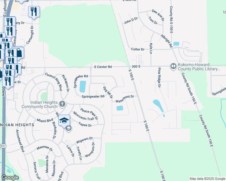 map of restaurants, bars, coffee shops, grocery stores, and more near 904 Springwater Road in Kokomo