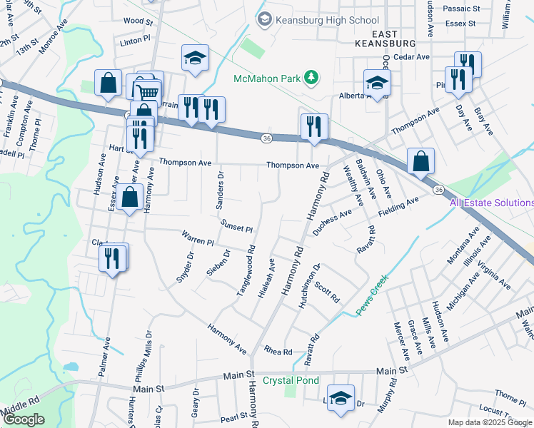 map of restaurants, bars, coffee shops, grocery stores, and more near 38 Tanglewood Road in Middletown Township