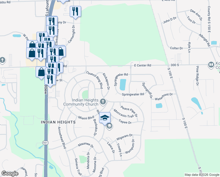 map of restaurants, bars, coffee shops, grocery stores, and more near 5118 Kickapoo Drive in Kokomo