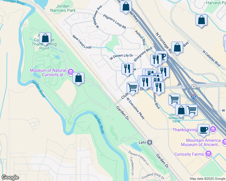 map of restaurants, bars, coffee shops, grocery stores, and more near 3477 Bear Hollow Way in Lehi
