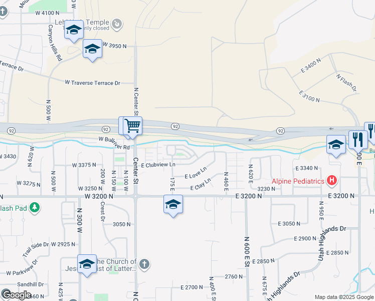 map of restaurants, bars, coffee shops, grocery stores, and more near 256 East Backhand Lane in Lehi