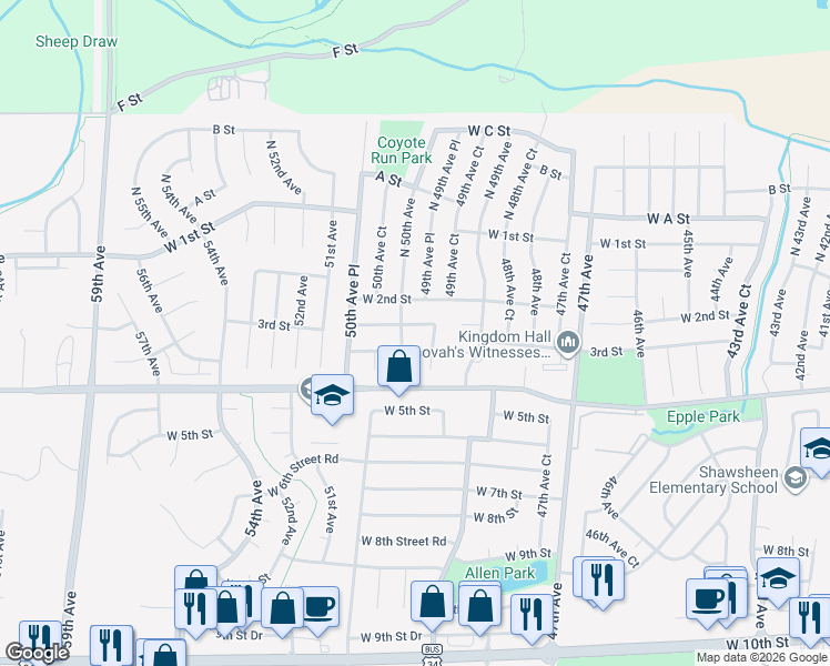 map of restaurants, bars, coffee shops, grocery stores, and more near 4976 West 2nd Street Road in Greeley