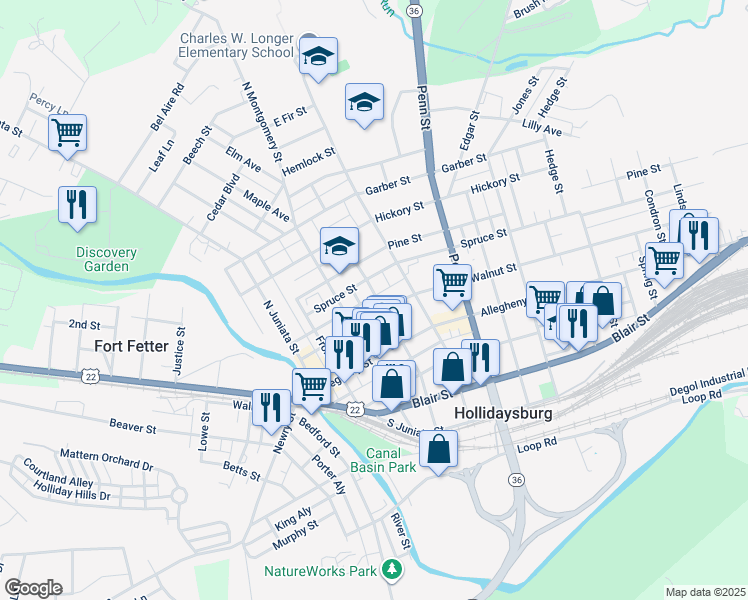 map of restaurants, bars, coffee shops, grocery stores, and more near 511 Wayne St in Hollidaysburg