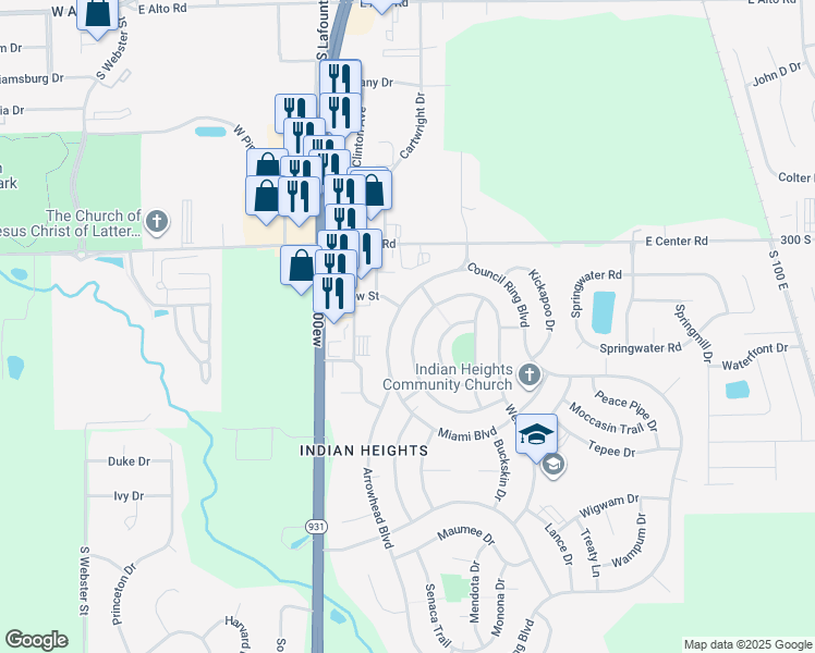 map of restaurants, bars, coffee shops, grocery stores, and more near 5103 Algonquin Trail in Kokomo