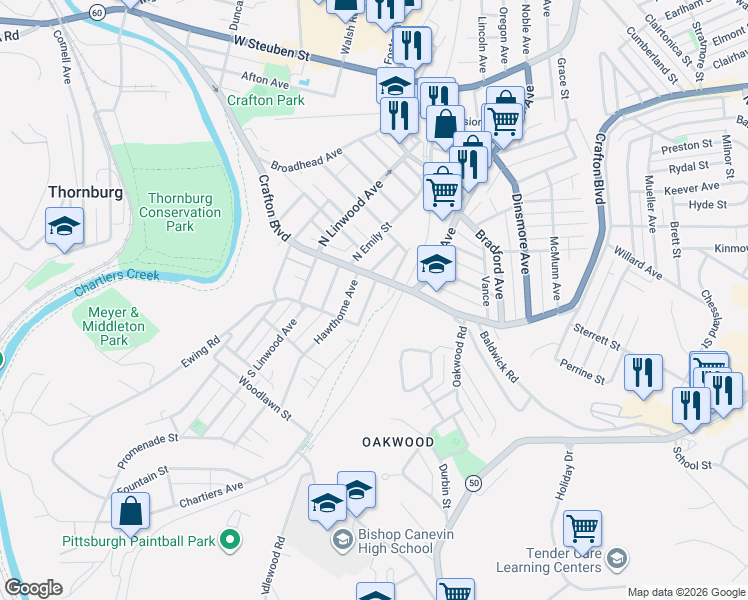 map of restaurants, bars, coffee shops, grocery stores, and more near 17 Emerson Avenue in Pittsburgh