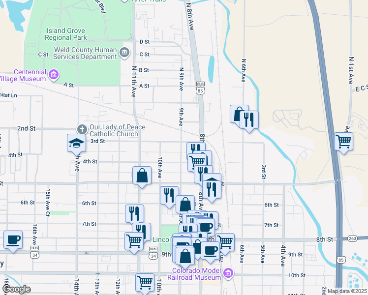 map of restaurants, bars, coffee shops, grocery stores, and more near 828 3rd Street in Greeley