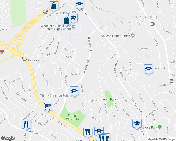 map of restaurants, bars, coffee shops, grocery stores, and more near 900 Braddock Rd in Pittsburgh