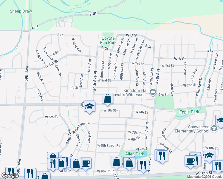 map of restaurants, bars, coffee shops, grocery stores, and more near 4976 West 2nd Street Road in Greeley