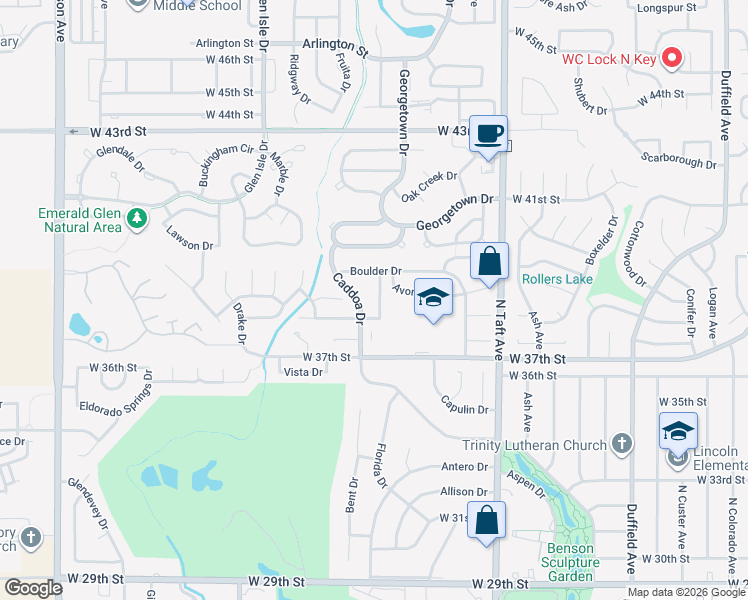 map of restaurants, bars, coffee shops, grocery stores, and more near 3909 Buena Vista Drive in Loveland