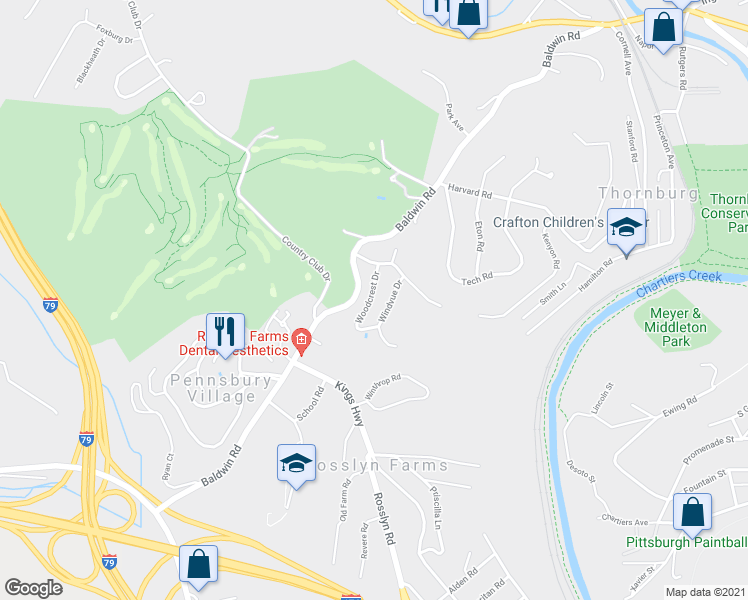map of restaurants, bars, coffee shops, grocery stores, and more near 647 Woodcrest Drive in Pittsburgh