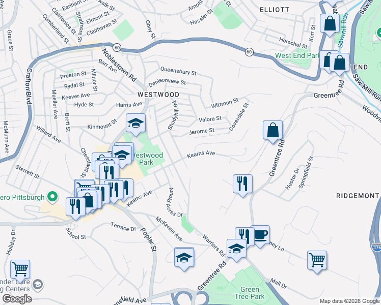 map of restaurants, bars, coffee shops, grocery stores, and more near 104 Oakbrook Circle in Pittsburgh