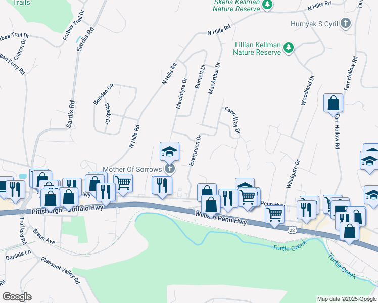 map of restaurants, bars, coffee shops, grocery stores, and more near 3286 Evergreen Drive in Murrysville