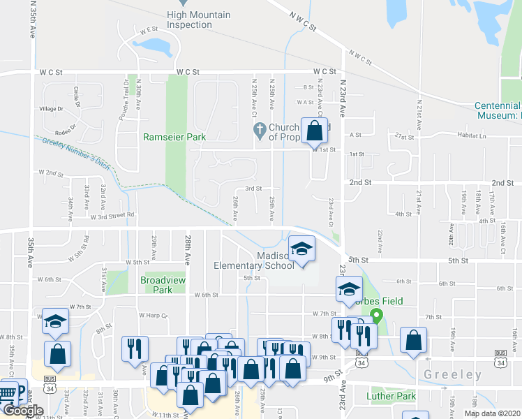 map of restaurants, bars, coffee shops, grocery stores, and more near 326 25th Avenue Court in Greeley