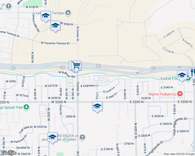 map of restaurants, bars, coffee shops, grocery stores, and more near 210 Topspin Way East in Lehi