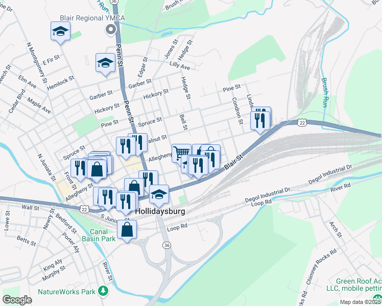 map of restaurants, bars, coffee shops, grocery stores, and more near 812 Allegheny Street in Hollidaysburg