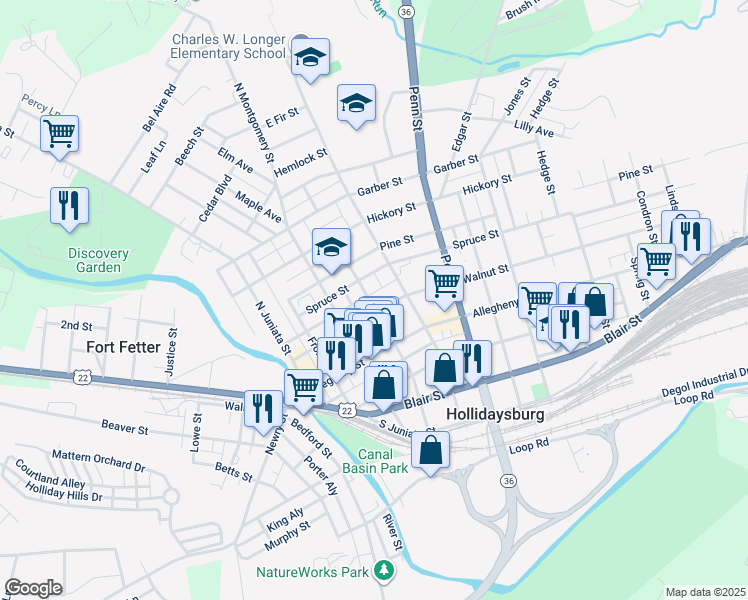 map of restaurants, bars, coffee shops, grocery stores, and more near 511 Wayne Street in Hollidaysburg