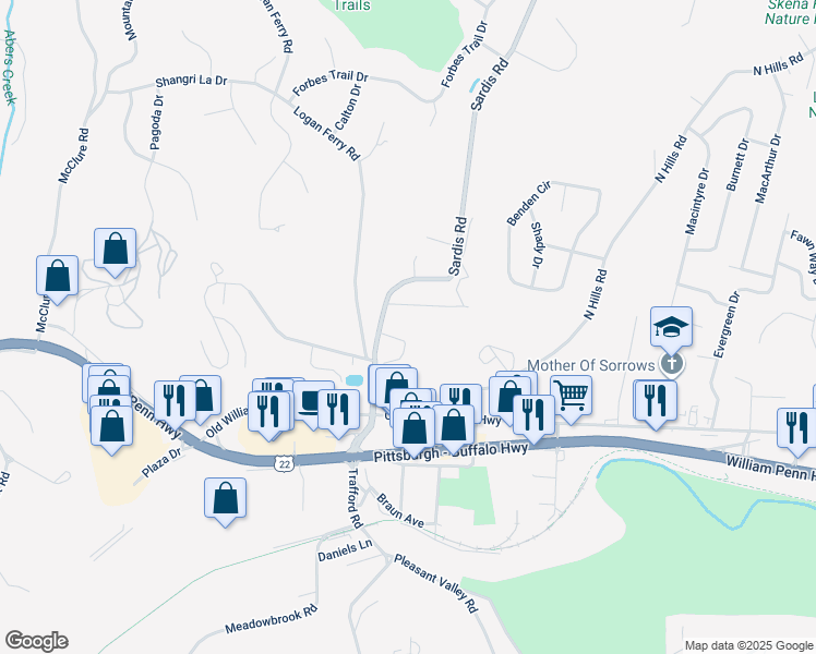map of restaurants, bars, coffee shops, grocery stores, and more near 3281 Sardis Road in Murrysville