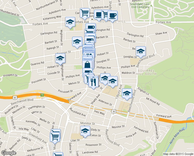 map of restaurants, bars, coffee shops, grocery stores, and more near 2310 Sherbrook Street in Pittsburgh