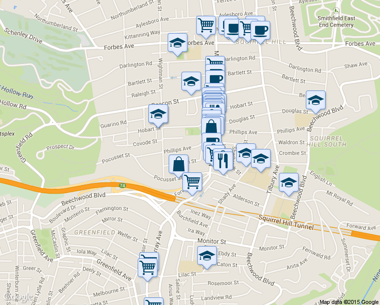 map of restaurants, bars, coffee shops, grocery stores, and more near 5711 Melvin Street in Pittsburgh