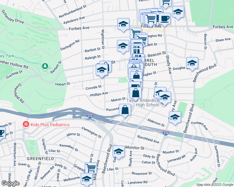 map of restaurants, bars, coffee shops, grocery stores, and more near 5640 Phillips Avenue in Pittsburgh