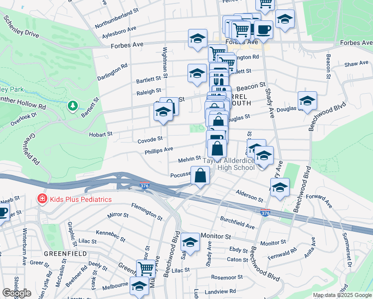 map of restaurants, bars, coffee shops, grocery stores, and more near 5640 Phillips Avenue in Pittsburgh