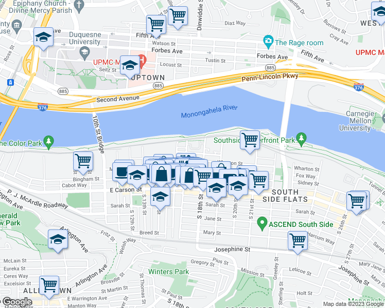 map of restaurants, bars, coffee shops, grocery stores, and more near 31 South 17th Street in Pittsburgh