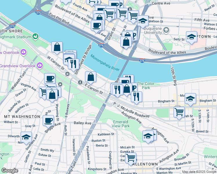 map of restaurants, bars, coffee shops, grocery stores, and more near 127 McKean Street in Pittsburgh