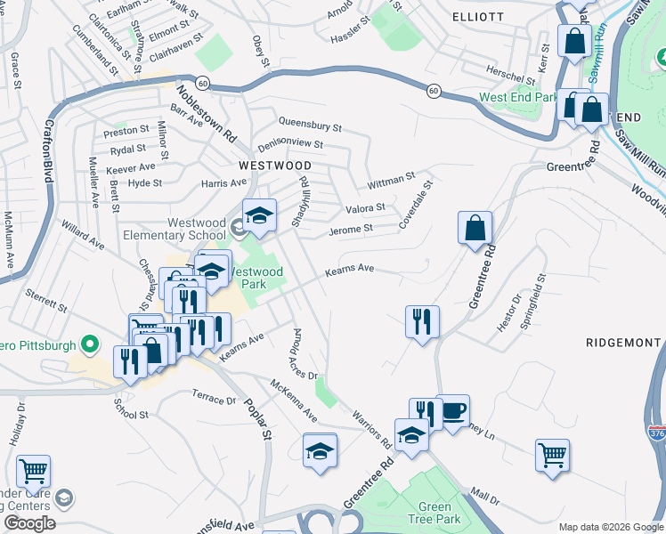map of restaurants, bars, coffee shops, grocery stores, and more near 104 Oakbrook Circle in Pittsburgh