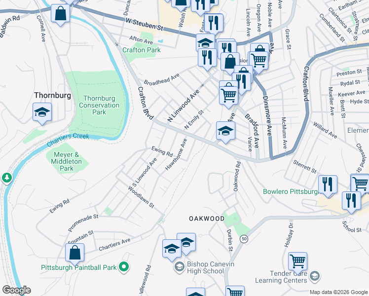 map of restaurants, bars, coffee shops, grocery stores, and more near in Crafton