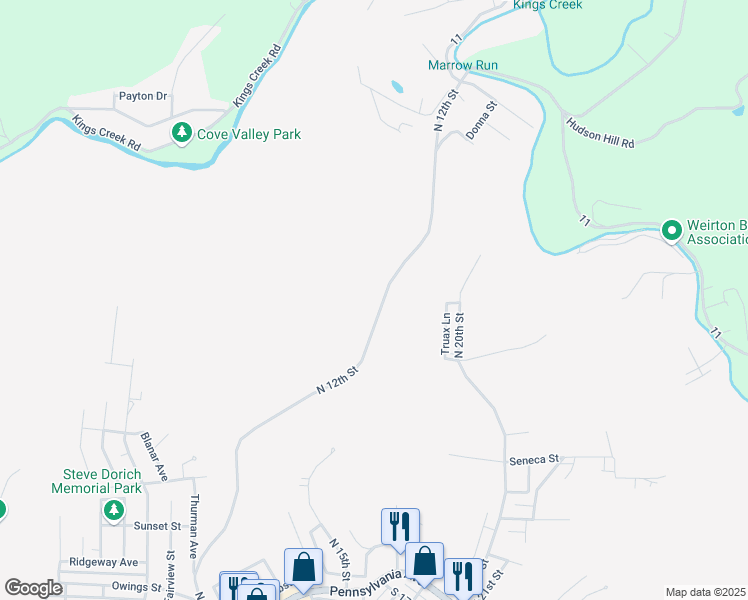 map of restaurants, bars, coffee shops, grocery stores, and more near 375 North 12th Street in Weirton