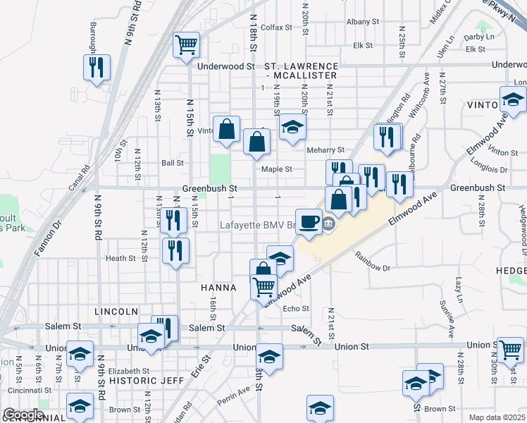 map of restaurants, bars, coffee shops, grocery stores, and more near 1809 Morton Street in Lafayette
