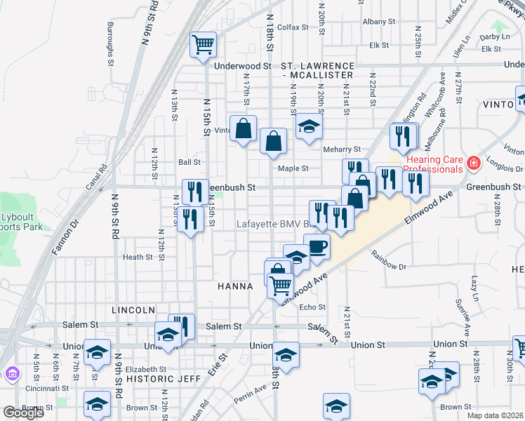 map of restaurants, bars, coffee shops, grocery stores, and more near 1711 Morton Street in Lafayette