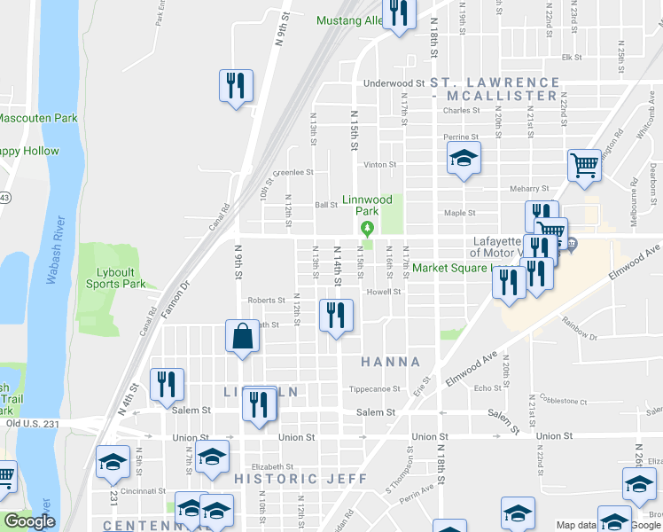 map of restaurants, bars, coffee shops, grocery stores, and more near 1305 Morton Street in Lafayette