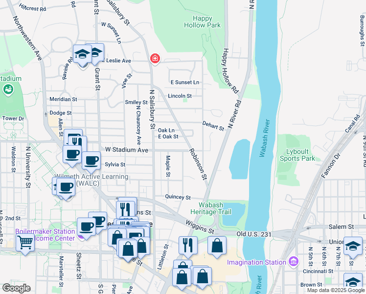 map of restaurants, bars, coffee shops, grocery stores, and more near 176 East Stadium Avenue in West Lafayette