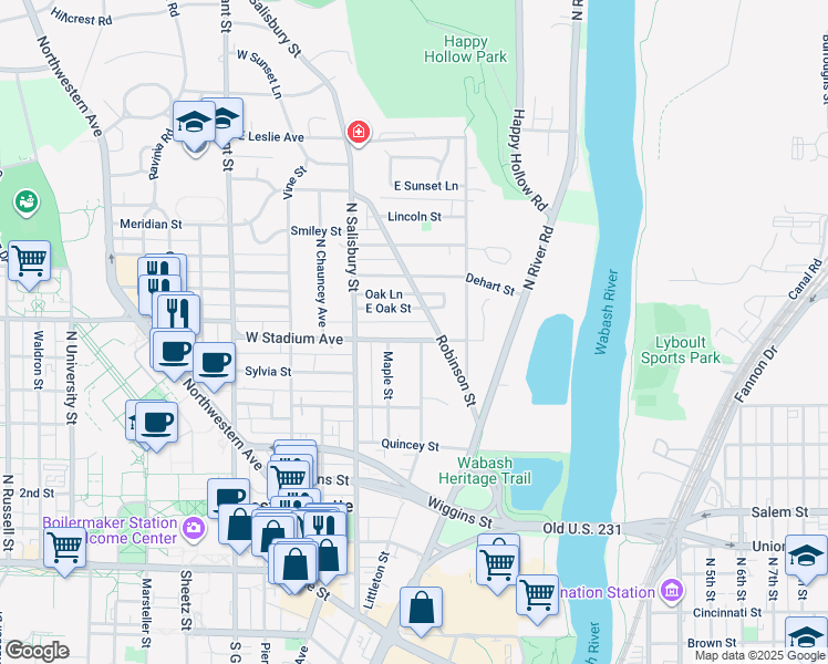 map of restaurants, bars, coffee shops, grocery stores, and more near 146 East Stadium Avenue in West Lafayette
