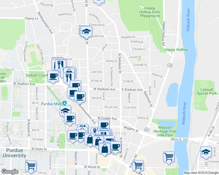 map of restaurants, bars, coffee shops, grocery stores, and more near 200 West Stadium Avenue in West Lafayette