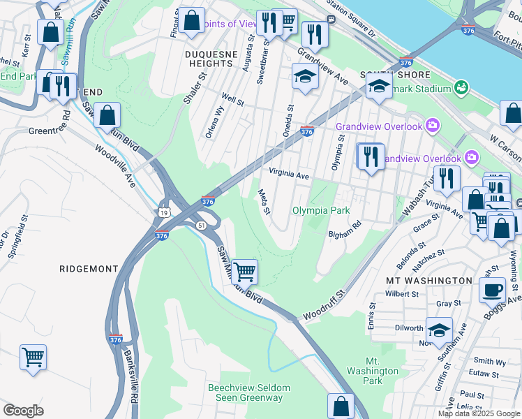 map of restaurants, bars, coffee shops, grocery stores, and more near 5 Meta Street in Pittsburgh