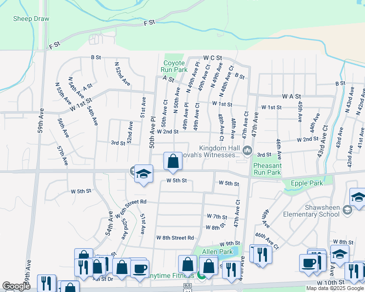 map of restaurants, bars, coffee shops, grocery stores, and more near 4976 West 2nd Street Road in Greeley