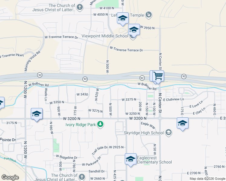 map of restaurants, bars, coffee shops, grocery stores, and more near 3456 North 7200 West in Lehi