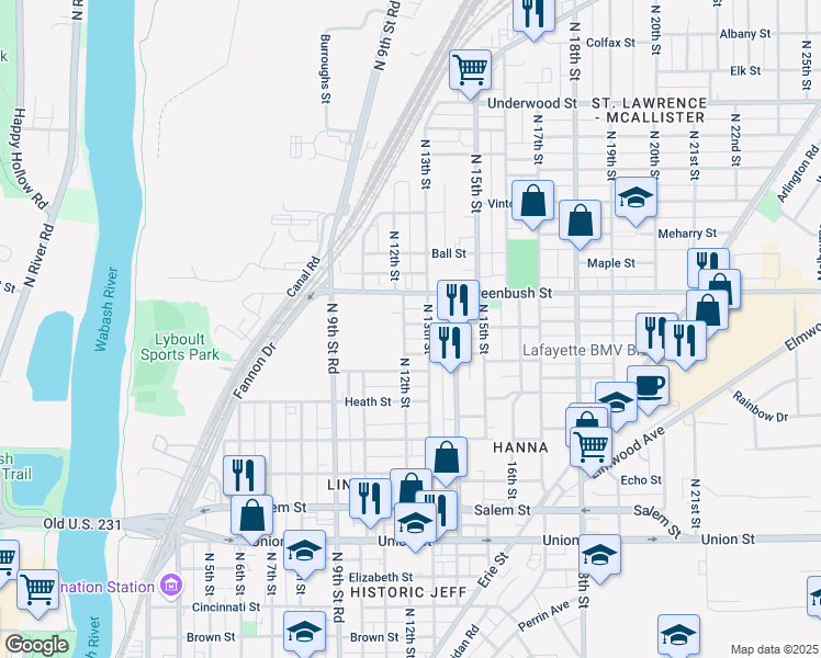 map of restaurants, bars, coffee shops, grocery stores, and more near 1203 Morton Street in Lafayette